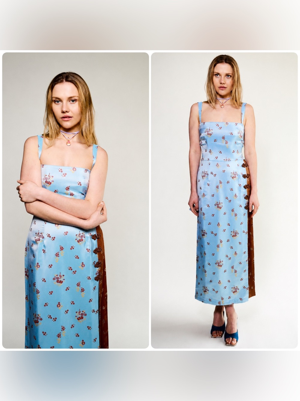 New! Amlul Eden Sky Light Blue + Brown Floral Midi Dress 🩵 Small NWT!